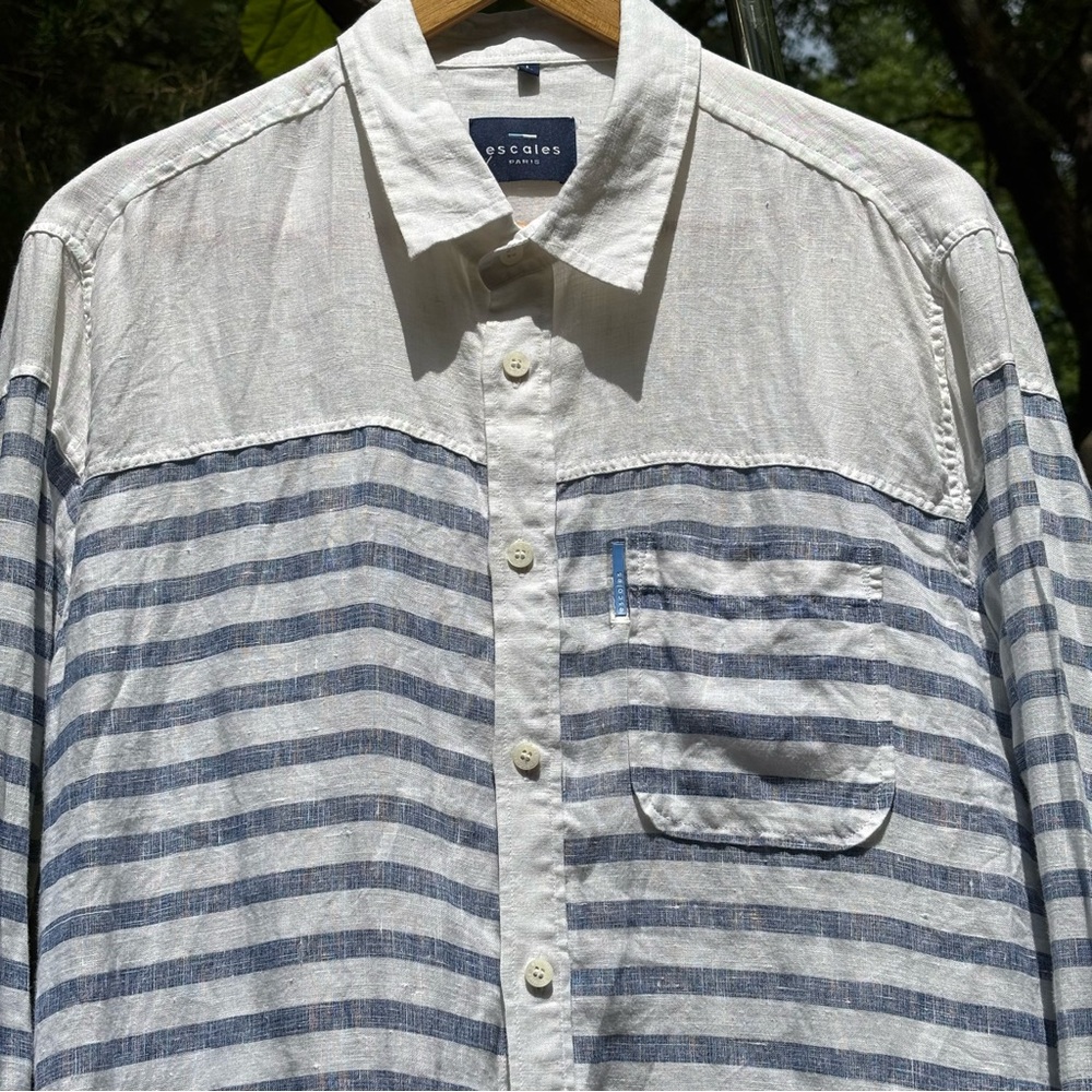ESCALES PARIS—100% Linen—Men L—17.5 x 35.5—Blue Stripes—Limited Edition—France